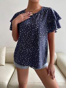 SHEIN Holidaya 女款圓領波點印花荷葉邊短袖襯衫 - 藏蓝色 - 查看 6