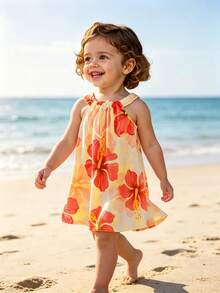 SHEIN Playful Pals 女嬰花卉印花細肩帶洋裝 橘色與黃色 夏季波西米亞風海灘度假休閒可愛甜美優雅日常舒適穿搭 - 橘色 - 查看 1