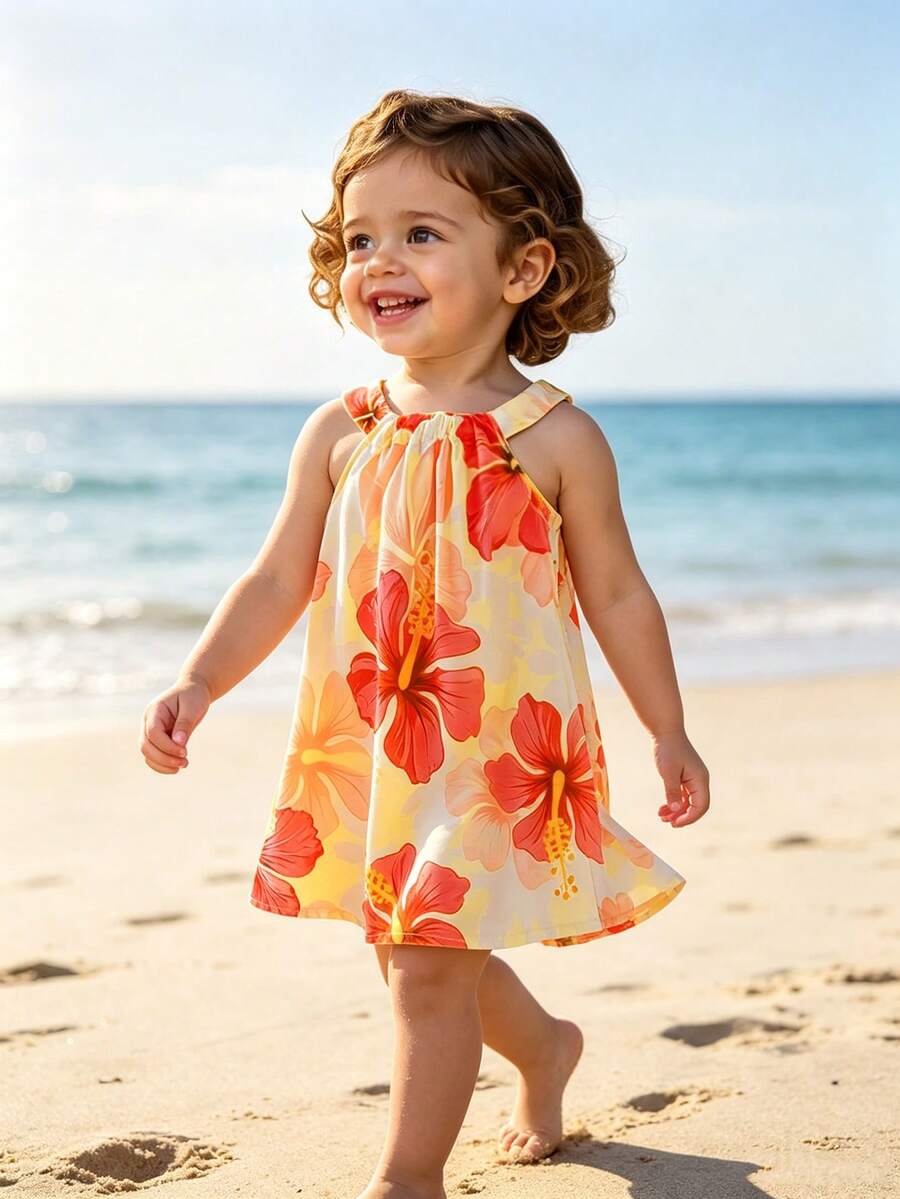 SHEIN Playful Pals 女嬰花卉印花細肩帶洋裝 橘色與黃色 夏季波西米亞風海灘度假休閒可愛甜美優雅日常舒適穿搭 - 橘色 - 查看 1