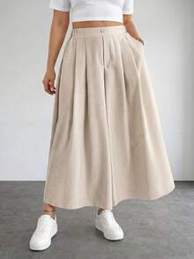 SHEIN PETITE CURVE 大码纯色简约休闲裤 - 卡其色 - 查看 5