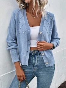 SHEIN 秋冬休閒珠飾裝飾開襟衫 - 藍色 - 查看 3