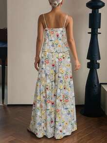 DAZY Sweet Floral Pattern Lace Patchwork Sleeveless Camisole & Wide Leg Pants 2-Piece Set Summer Women's Pajama Outfit - Light Grey - View 5