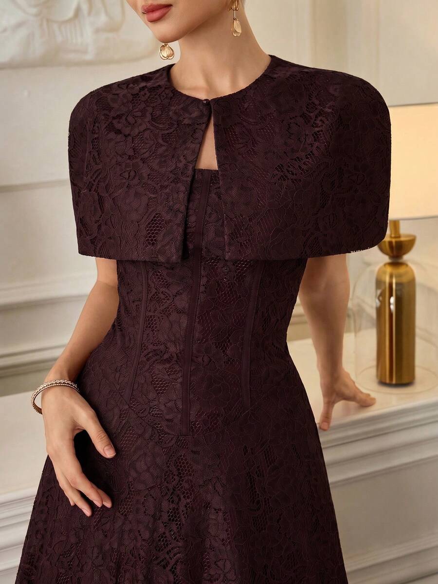 Poshira Women's Elegant Solid Color Lace Ball Gown - Brown - View 1