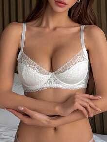 DAZY Mesh & Contrast Lace Lightweight Padded Sexy Bra - White - View 3