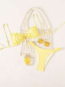 Swim Mod Spring/Summer Polka Dot Print Bikini Swimsuit For Women, Sexy Beach Vacation Swimwear With Double Shoulder Straps - Yellow - View 3