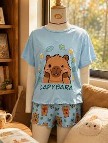 2pcs/Set Piyama Atasan Pendek Bahu Longgar & Celana Pendek Anak Perempuan, Motif Capybara Lucu, Kain Lembut & Nyaman, Gaya Rumahan yang Santai Namun Tetap Ceria - Mint Green - View 9