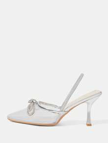 CUCCOO HITCHD Silver Rhinestone Bow Mesh Pointed Back Strap Stiletto Sandals, Banquet Party Wedding Bridesmaid Shoes - Silver - View 2