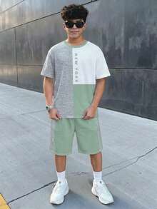 青少年男孩休閒簡約短袖圓領T恤與短褲套裝，適合夏季 - 彩色 - 查看 6