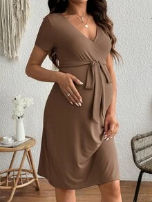SHEIN 孕婦純色V領哺乳功能休閒日常穿著洋裝 - 棕色 - 查看 3