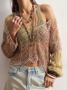 Bohemela Vintage Boho Gradient Seahorse Hollow Knit Sweater Vacation Dusty Pink Autumn - Champagne - View 3