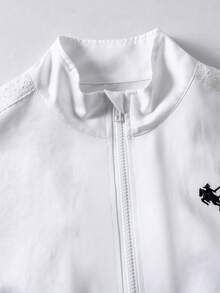 SHEIN 少女開學休閒刺繡長袖夾克 騎士款 前拉鍊輕便校園度假外套 白色/黑色 秋季 - 黑與白 - 查看 3