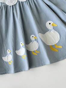 Cozy Pixies Baby Girl Contrast Color Ruffle Collar Embroidered Cartoon Pattern Long Sleeve Dress Versatile Comfortable - Blue - View 4