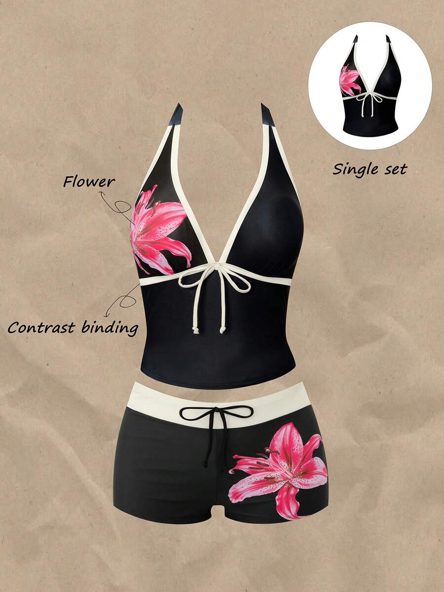 Swim Vcay 2026 Frühling/Sommer Neue Große Größen Einteiliger Schwarzer Tiefer V-Ausschnitt Schulterträger Digitaldruck Design Damen Bikini Badeanzug Oberteil, Lässig für Strand und Urlaubskleidung - Verschiedenfarbig - Übersicht 1
