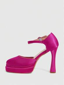 CUCCOO SZL Zapatos de tacón alto sexy con plataforma, tacón grueso, punta cuadrada y correa de tobillo para mujer - Rosa Fucsia - Ver 4