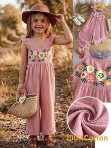SHEIN Kids Young Girl Woven Floral Print Ruffle Strap Casual Jumpsuit - Pink - View 2