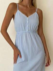 DAZY Vestito canotta estivo da donna con scollo a V, senza maniche, in pizzo a righe con patchwork e vita stretta, camicia da notte e pigiama - Blu - Visualizzare 5