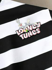 LOONEY TUNES X SHEIN Daypath 男士夏季休閒拼接條紋T恤 - 黑與白 - 查看 3