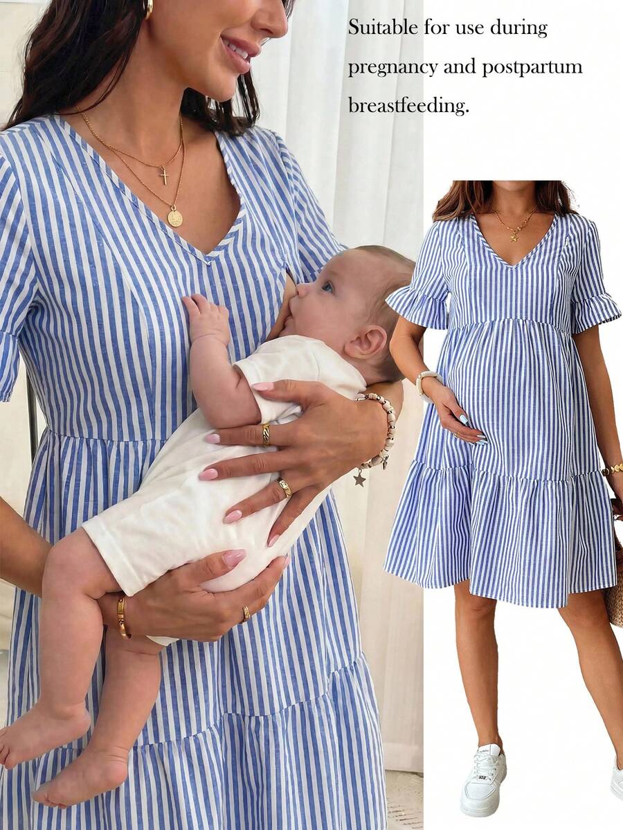 SHEIN 孕妇哺乳连衣裙,蓝色条纹连衣裙 - 藍白色 - 查看 1