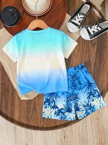 SHEIN Streecool Kids 小男孩熱帶印花海灘度假T恤與短褲2件套 - 藍色 - 查看 2