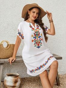 EMERY ROSE Women's Plus Size Floral Print Short Sleeve White Dress Summer Dress ,Beach Outfits For Women Casual Dresses For Women  Country Concert Outfit - White - View 6