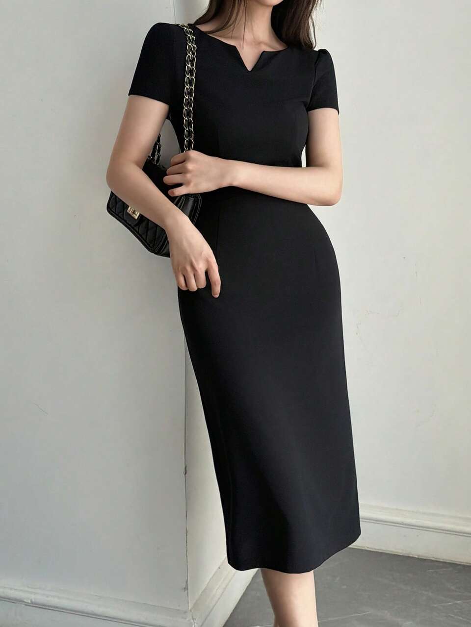 Solid Color Fitted Waist Short Sleeve Elegant Formal Summer Women's Midi Dress