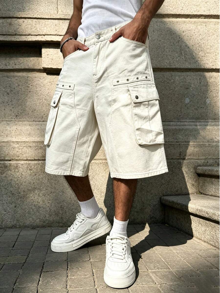 Manfinity Roghcode Men's Cargo Pocket Casual Street Denim Straight Leg Shorts Holiday Work White Summer - Beige - View 1