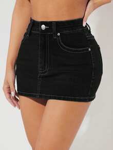 Selenza Petite Women Denim Skirts Tombol Kantong Zip Plain - Hitam - View 6
