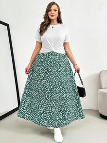 SHEIN Essnce Conjunto de dos piezas de verano para mujer talla grande, conjunto de manga corta, conjunto de falda estampada de dos piezas, conjunto casual y cómodo para mujer talla grande, ropa de mujer estampada, conjuntos de verano para mujer, conjuntos de descanso para mujer, conjunto de dos piezas para vacaciones, conjunto de verano de 2 piezas, conjuntos de verano para mujer - Verde Oscuro - Ver 7