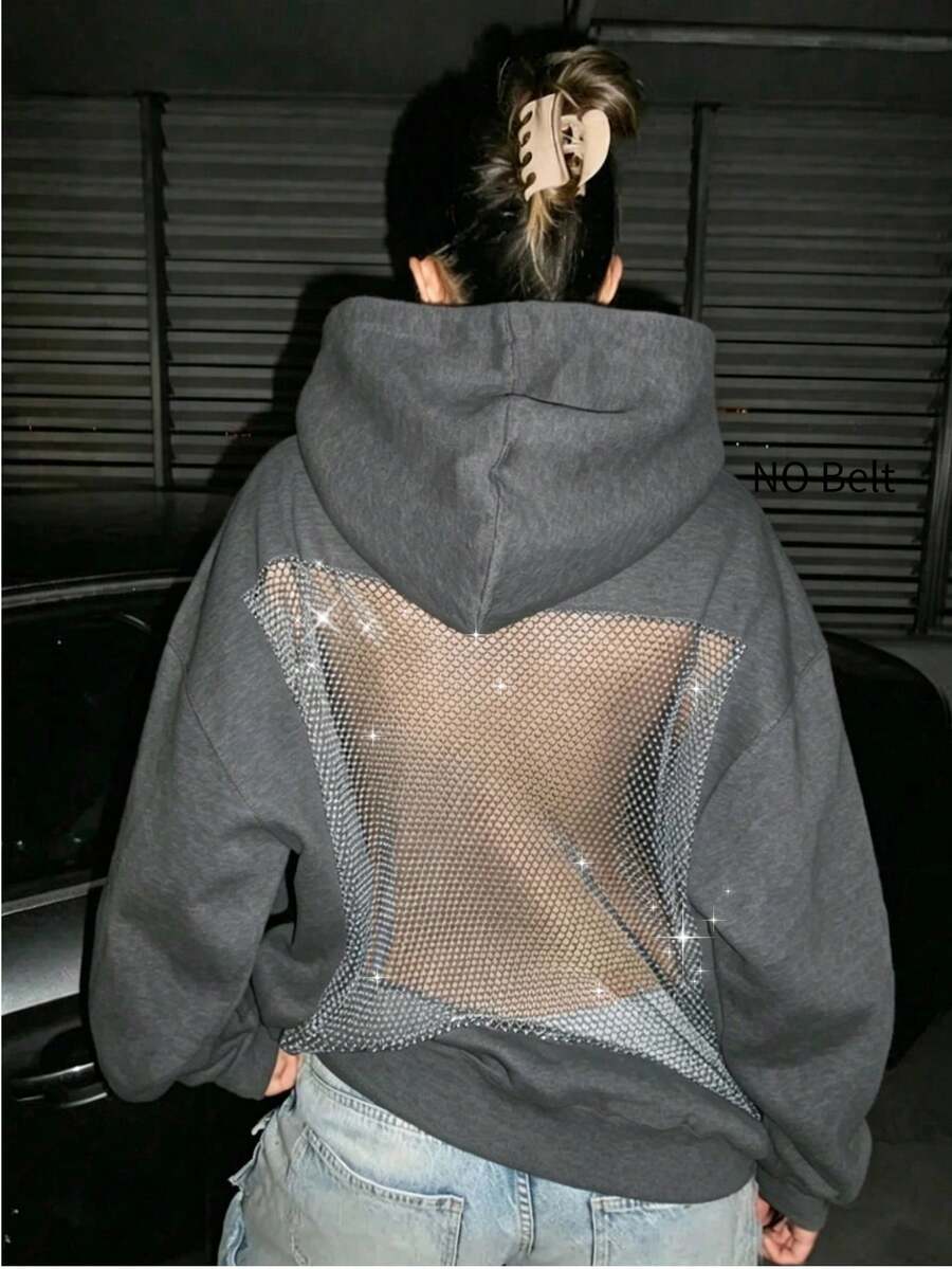INAWLY 女款休閒性感露背網紗連帽衛衣 - 灰色 - 查看 1