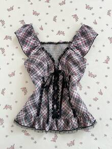 Elamini Women's Plaid Elegant Sweet Lace Patchwork Summer Fashion Blouse - Purple - View 3