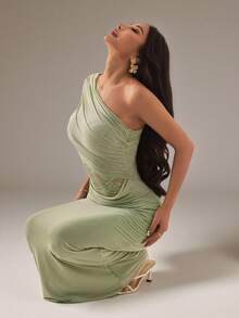 SHEIN PETITE Elegant Sage Green Summer Seductive Party Dress, Mesh Lace Patchwork See-Through Waist One Shoulder Ruffle Slim Fit Wedding Guest Beach Holiday ,Petite Women - Green - View 3