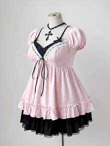 Sunspun Plus Size Women's Patchwork Polka Dot Pattern Bow Decor Ruffle Hem Blouse - Baby Pink - View 3