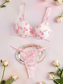 Elorette 2pcs Hot Pink Underwire Molded Cup Comfy Balconette Push Up Embroidered Floral Pattern High Support Lift And Gather Romantic Cute Women's Lingerie Set - Pink - View 8