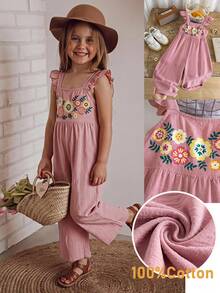 SHEIN Kids Young Girl Woven Floral Print Ruffle Strap Casual Jumpsuit - Pink - View 14