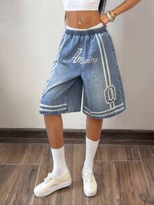 StreetHx Women's Letter Pattern Pocket Casual Elastic Waist Denim Shorts - Blue - View 6