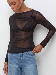Maija Women's Asymmetric Design Neckline Shoulder Ruched Sheer Mesh Sexy Blouse, Vintage Old Money Teacher Style Romantic Fashion Summer Night Out Top - Black - View 4