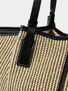 SHECARRY French Retro Woven Tote Bag Large Capacity Commuter Shoulder Bag Leisure Vacation Style Straw Armpit Bag - Black with brown. - View 4