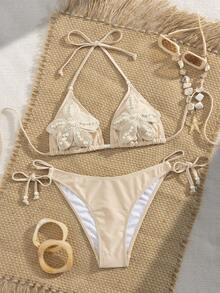 SHEIN Swim 女款夏季度假休閒沙灘裝 素色杏色兩件式比基尼套裝 掛脖繫帶設計 珍珠鈴鐺形大花飾 優雅泳裝套裝 - 杏色 - 查看 4