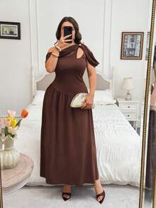 Modelyn Spring Summer Elegant Casual Formal Waist-Defining Asymmetric Shoulder Metal Button Knit Textured Pleated Plus Size Women's Dress Brown - Brown - View 4