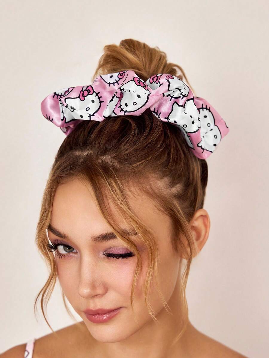 HELLO KITTY AND FRIENDS | SHEIN 單包裝可愛時尚亮面緞面柔軟大號大腸圈卡通印花髮圈,適合居家或外出使用,高馬尾 - 彩色 - 查看 1