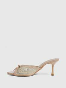 CUCCOO SZL Sandales à talons hauts pour femmes avec bout pointu, maille abricot, perles chaudes et nœud, élégantes et à la mode, sandales ouvertes pour femmes - Nude - Voir 4