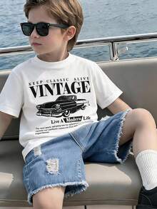 SHEIN 2er Set Kinder Lässig Vielseitig Bequem Amerikanisches Vintage Auto Muster Rundhals Lockerer Pullover Kurzarm Strick T-Shirt & Denim Shorts Set, Geeignet für Sommer - Verschiedenfarbig - Übersicht 2