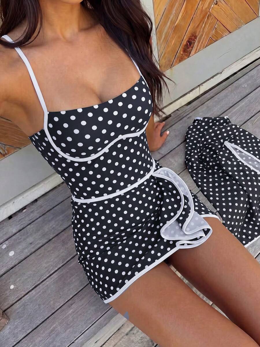 SHEIN Swim 春夏時尚性感可調式可拆卸肩帶加墊黑白拼接連身泳衣上衣與短裙套裝 女款 - 黑與白 - 查看 1