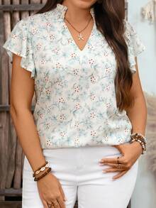 EMERY ROSE 大尺碼女款夏季休閒度假鄉村風花卉印花V領荷葉袖襯衫上衣，鄉村音樂會穿搭，女性音樂節穿搭 - 彩色 - 查看 5