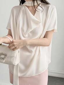 DAZY Women's Summer Elegant French Solid Color Cowl Neck Blouse Teachers' Day Brunch Office Tea Party Off-White - White - View 5