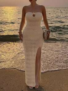 Livesso Women's Vacation Beach Strapless Side Slit Knit Cover-Up Dress Summer - Apricot - View 7