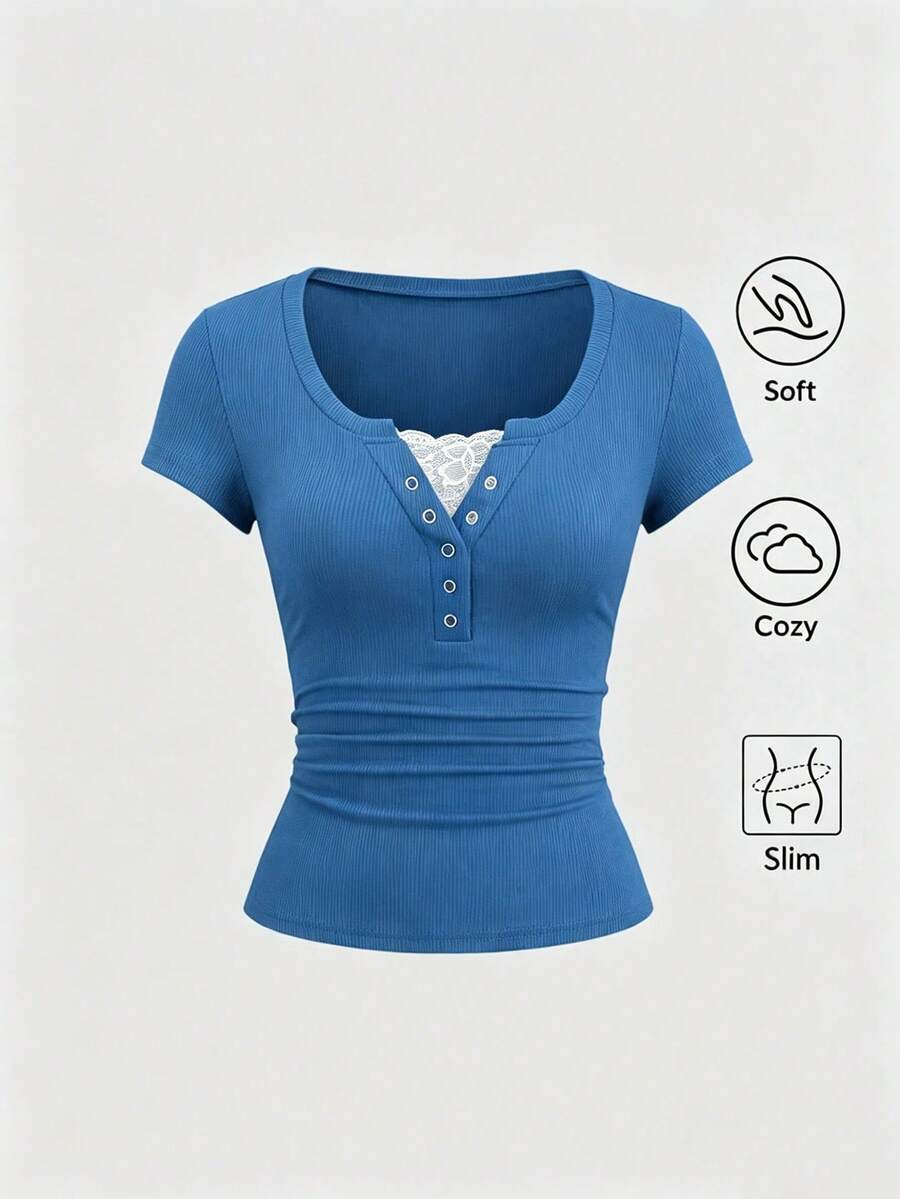 Sweetra Streetwear Women's Half-Open Cuff Eyelet Decor Lace 2 In 1 Short Sleeve Solid Color T-Shirt - Royal Blue - View 1