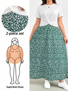 SHEIN Essnce Conjunto de dos piezas de verano para mujer talla grande, conjunto de manga corta, conjunto de falda estampada de dos piezas, conjunto casual y cómodo para mujer talla grande, ropa de mujer estampada, conjuntos de verano para mujer, conjuntos de descanso para mujer, conjunto de dos piezas para vacaciones, conjunto de verano de 2 piezas, conjuntos de verano para mujer - Verde Oscuro - Ver 1