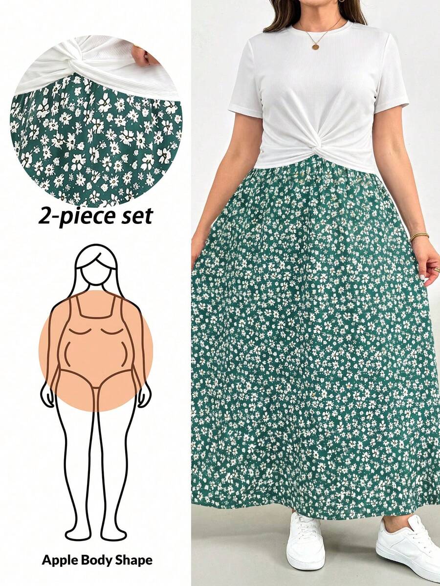 SHEIN Essnce Conjunto de dos piezas de verano para mujer talla grande, conjunto de manga corta, conjunto de falda estampada de dos piezas, conjunto casual y cómodo para mujer talla grande, ropa de mujer estampada, conjuntos de verano para mujer, conjuntos de descanso para mujer, conjunto de dos piezas para vacaciones, conjunto de verano de 2 piezas, conjuntos de verano para mujer - Verde Oscuro - Ver 1
