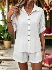 Zayélia Apricot Short Sleeve Shirt With Button Decor + Apricot Pleated Short Sleeve 2 Pieces Set, Casual Daily Commute Vacation - Apricot - View 3